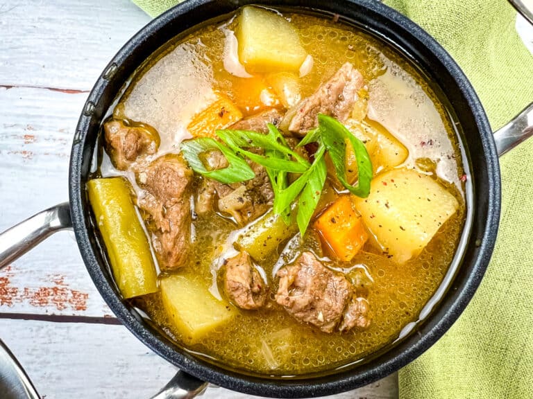 Steak and potato soup instant pot in a bowl.