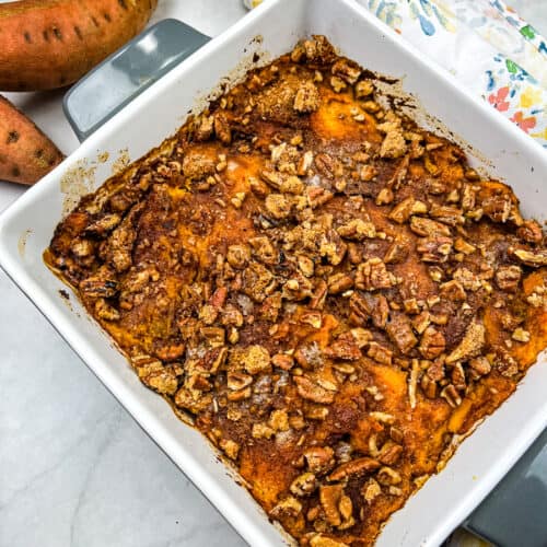 Sweet potato casserole in a baking dish.