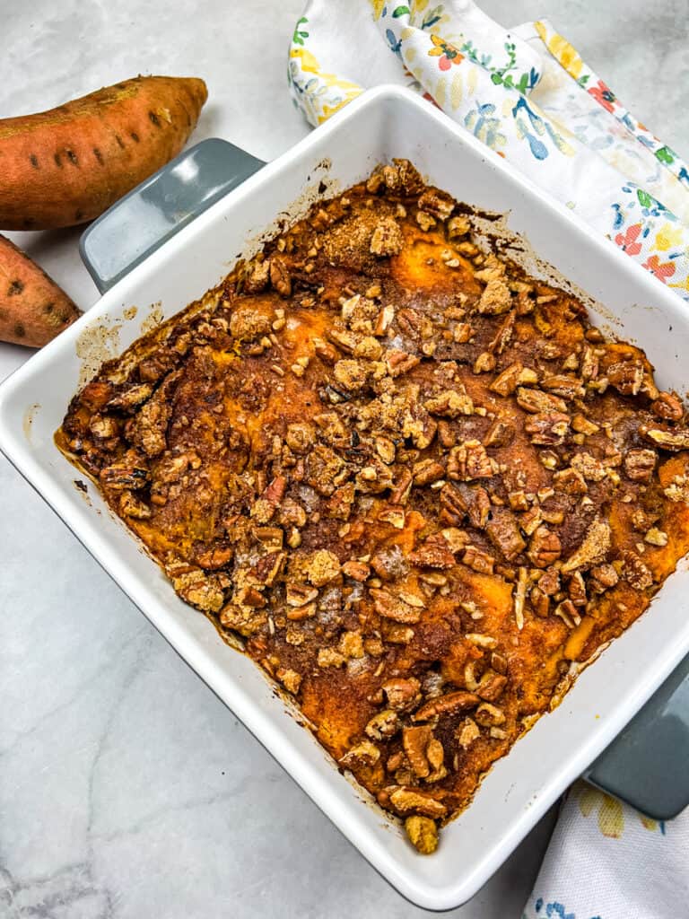 Sweet potato casserole in a baking dish.