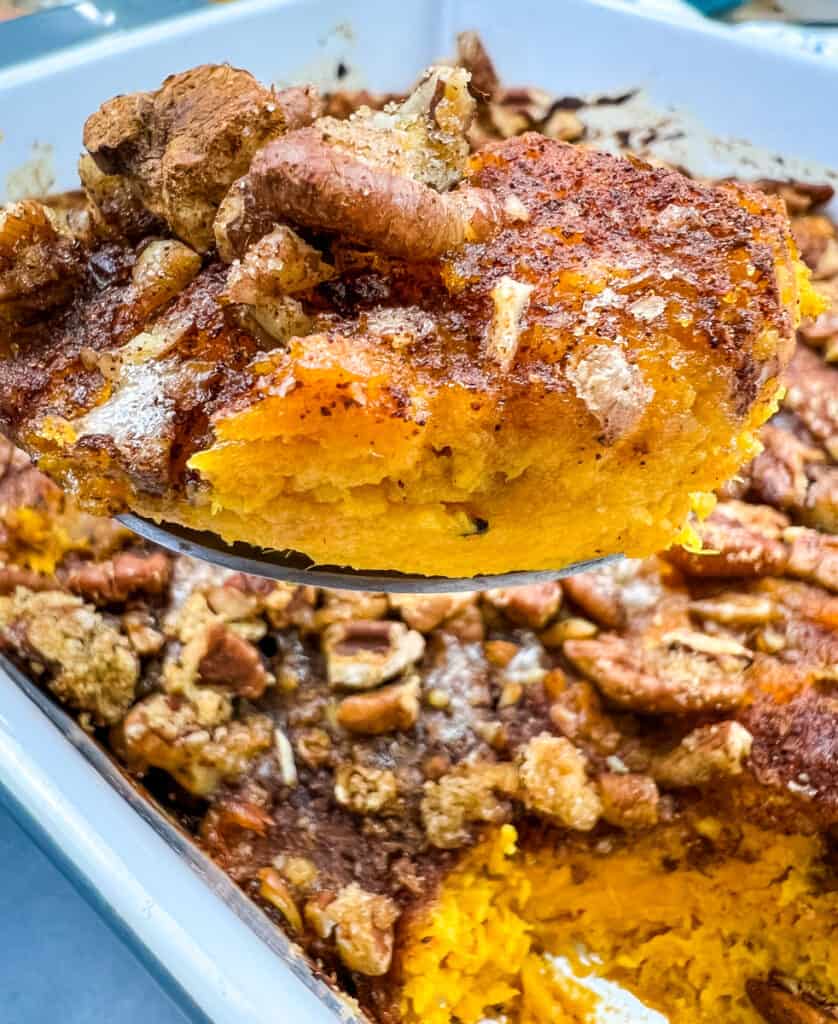 sweet potato casserole on a spoon