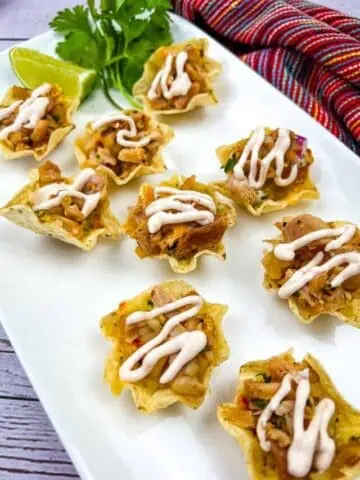 smoked chicken tortilla bites on a white platter