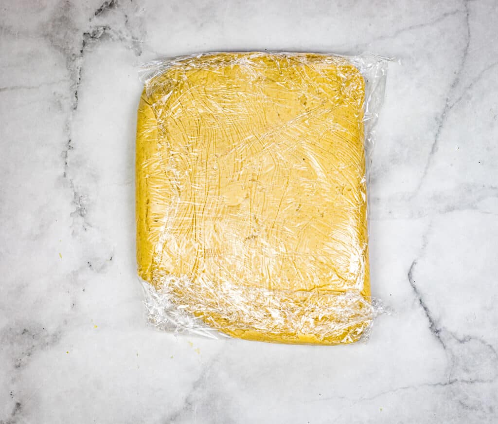 Plastic wrapped dough ready for chilling.