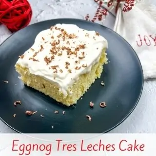 a slice of eggnog tres leches cake on a plate