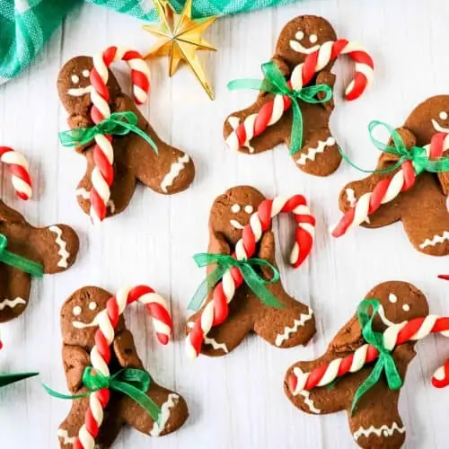 Several chocolate gingerbread cookies holding candy canes on a white table.