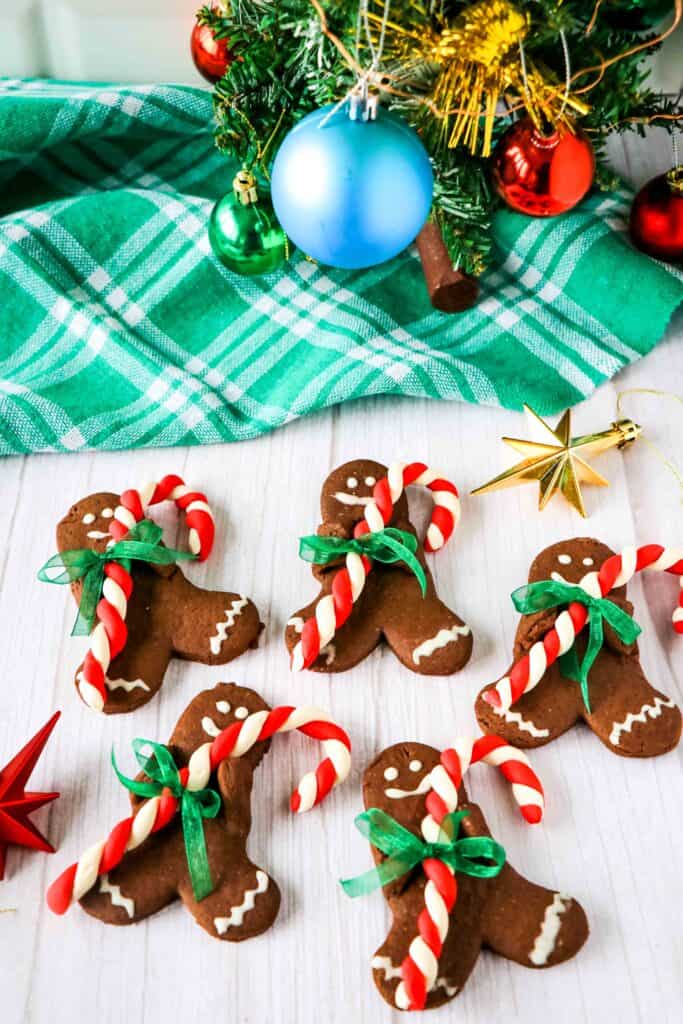 5 chocolate gingerbread men with candy canes with a small christmas tree in the background