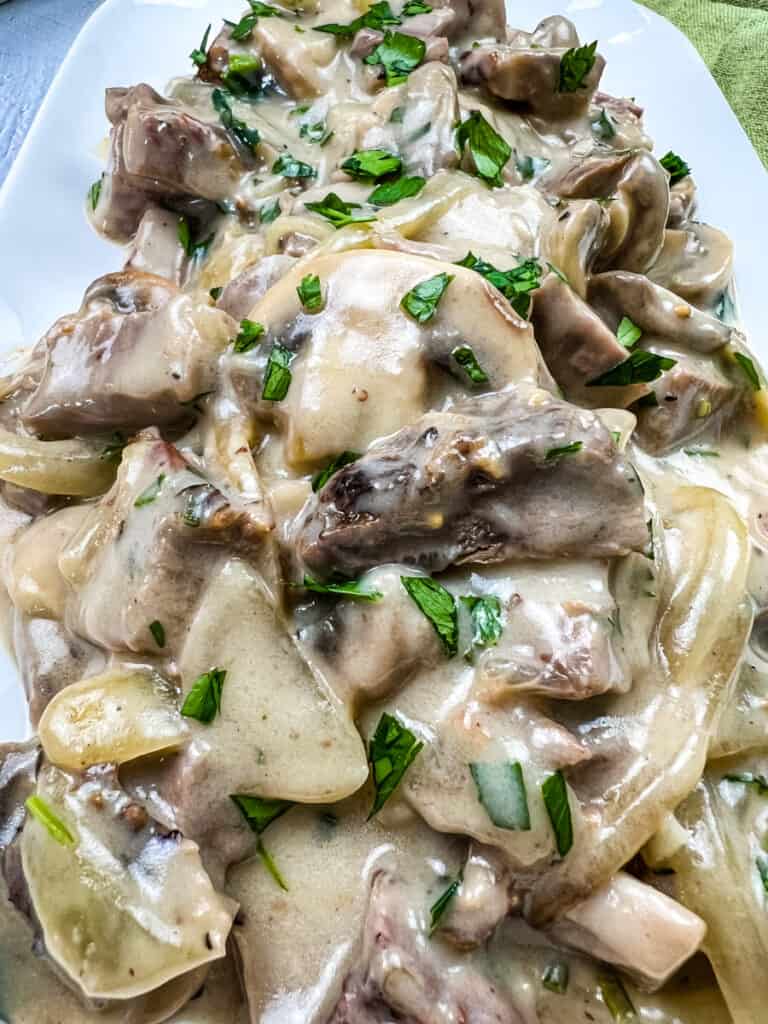 a closeup of leftover roast beef stroganoff