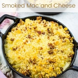 smoked mac and cheese in a round cast iron pan