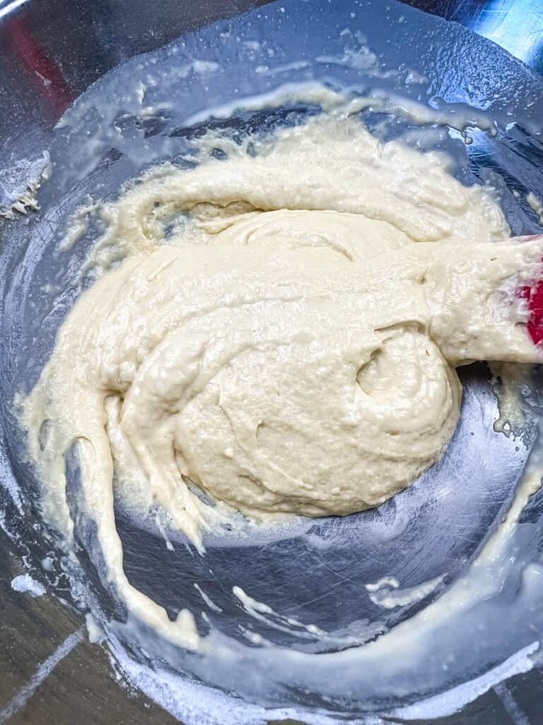 Mixing the batter well to make easy spaetzle recipe