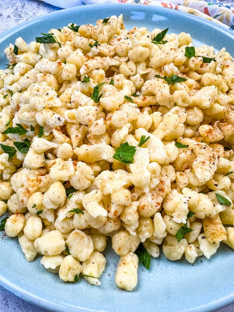 easy spaetzle recipe on a blue plate