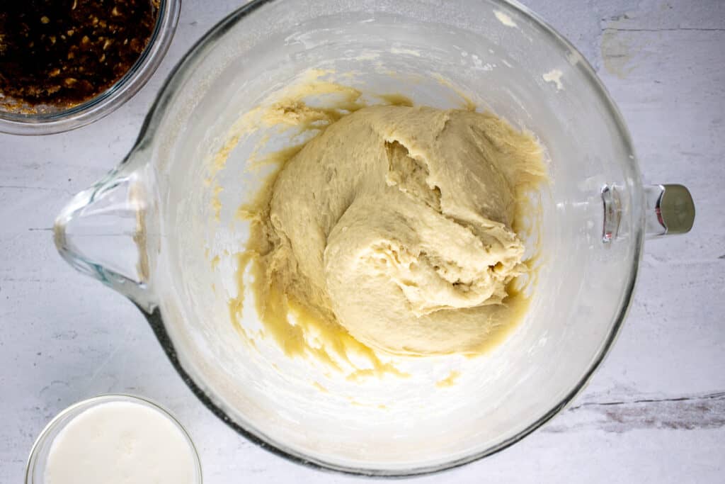 Making the batter in the bowl of a stand mixer.