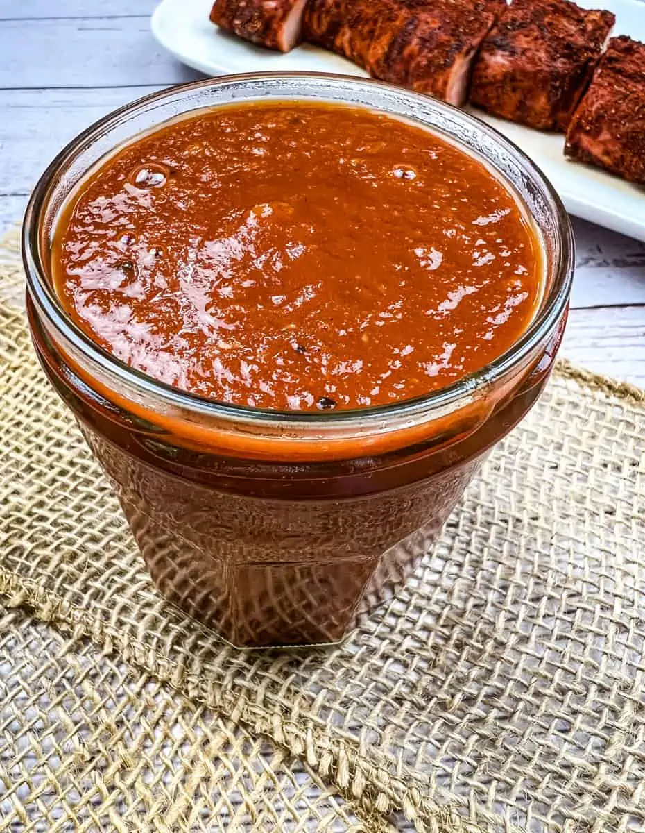 chipotle and bourbon bbq sauce in a glass jar.