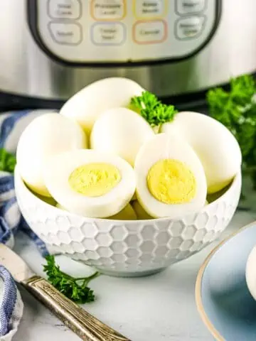 hard boiled eggs in front of the instant pot