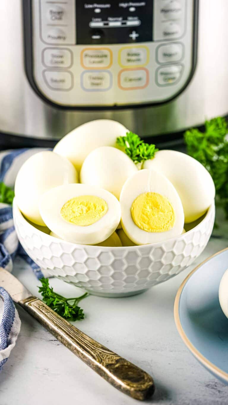 hard boiled eggs in front of the instant pot