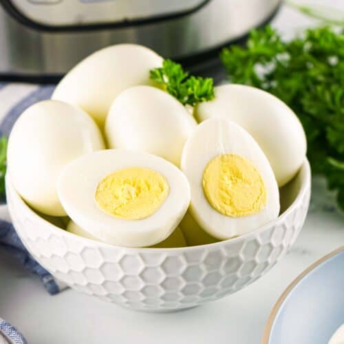 Instant pot hard boiled eggs in a bowl.