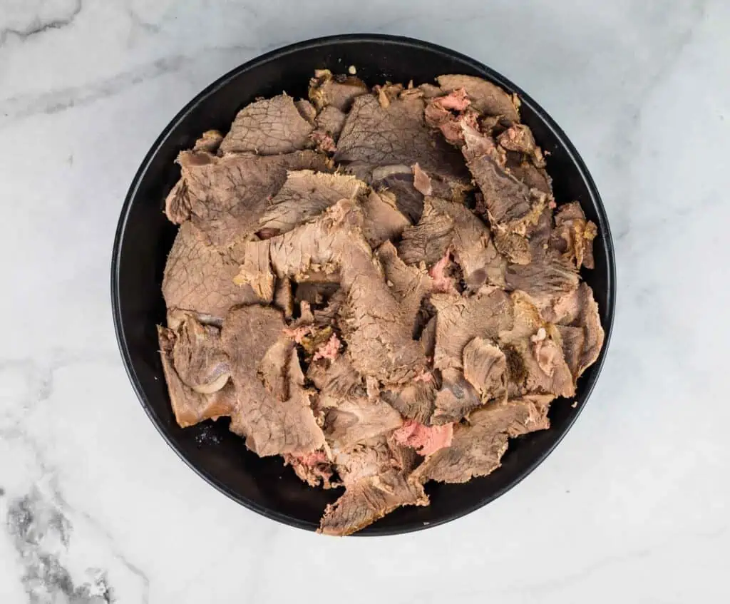 Sliced beef for Italian beef sandwiches.