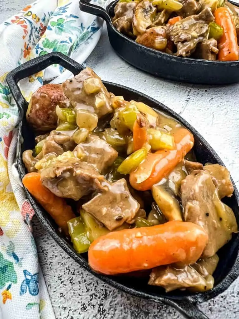 leftover roast beef stew in oval bowls