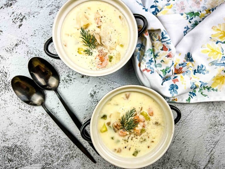 Two bowls of seafood chowder.