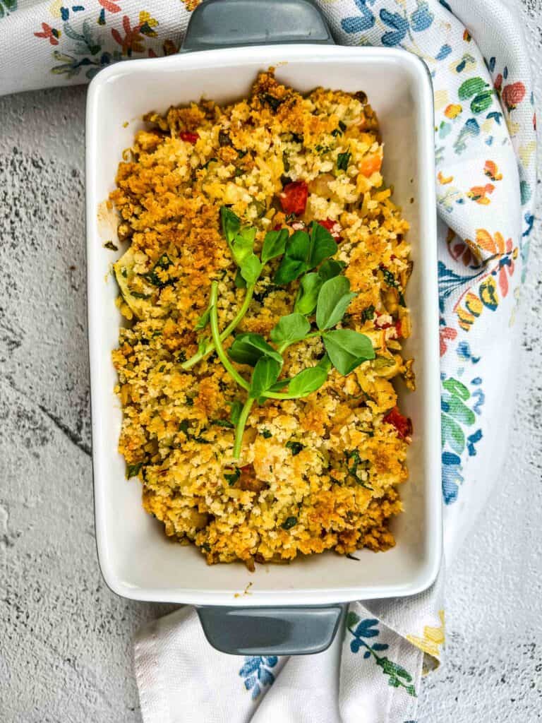 seafood dressing in a casserole dish