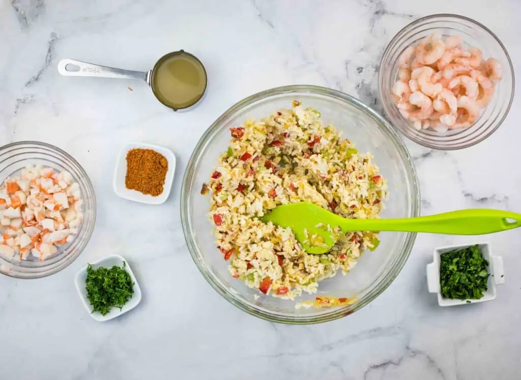 Mix everything together to make seafood dressing.