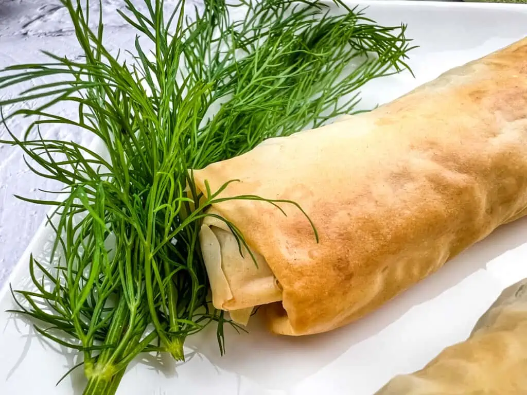 spanakopita roll on a plate with dill.