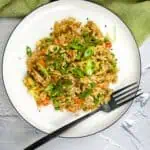 Turkey Fried Rice on A Blackstone Griddle on a round plate.