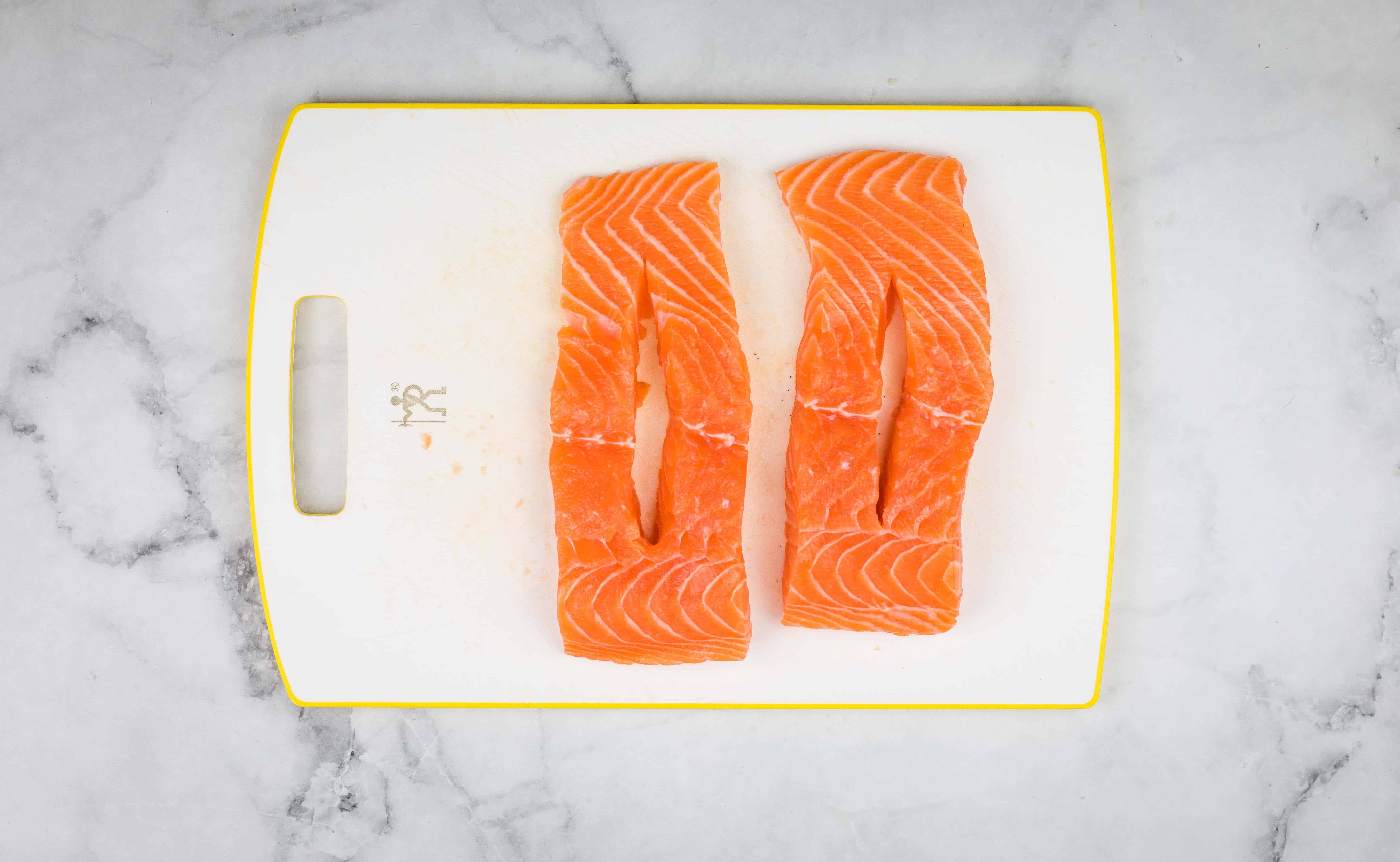 cut a lengthwise slit in the salmon to make seafood stuffed salmon