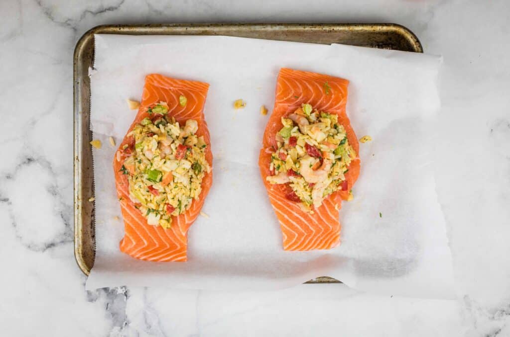 stuffing in the salmon fillets.