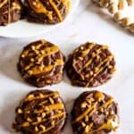 Chocolate caramel cookies on the counter.