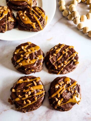 chocolate caramel cookies on the counter