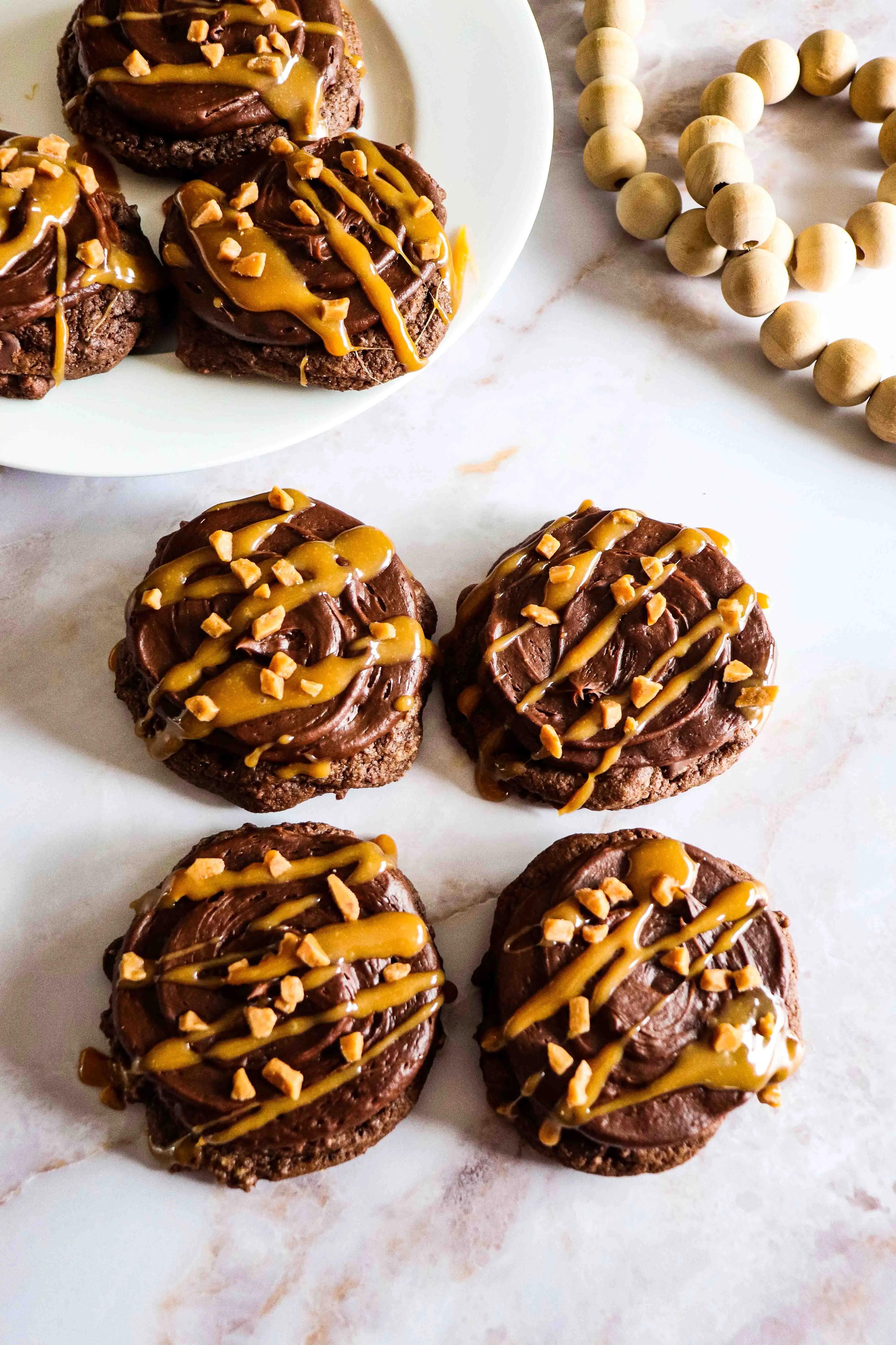 chocolate caramel cookies on the counter