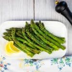 a top-down shot of griddled asparagus