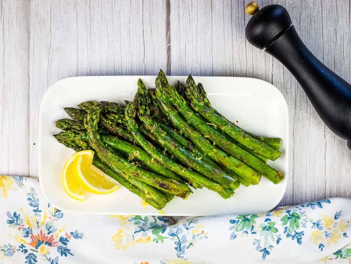 a top-down shot of griddled asparagus