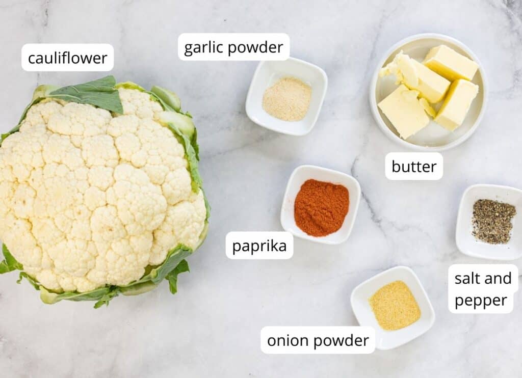 Labeled ingredients to make Smoked Cauliflower.