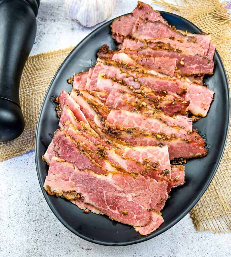 sliced pastrami on a plate