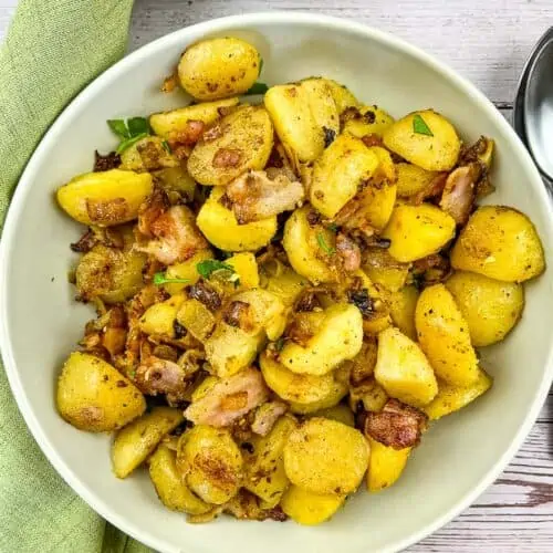 blackstone fried potatoes in a serving bowl.
