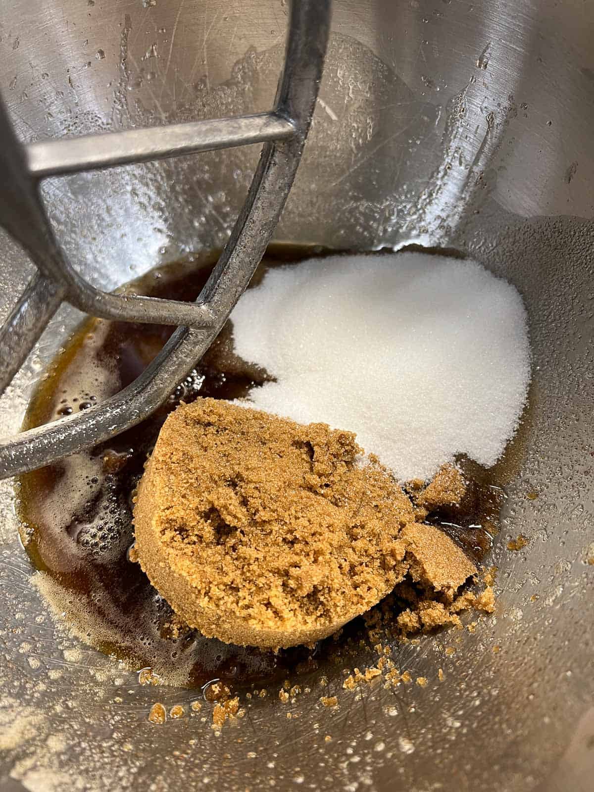 sugar and brown butter in a  mixing bowl