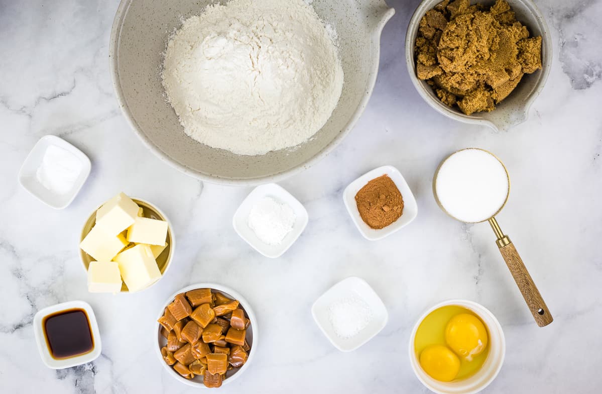 ingredients to make salted caramel brown butter snickerdoodle cookies