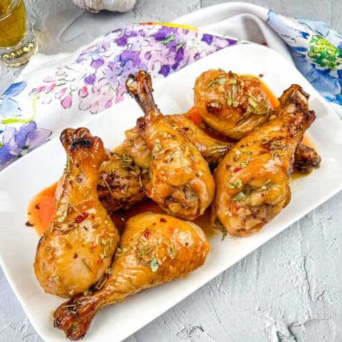 smoked chicken legs with bourbon red pepper glaze