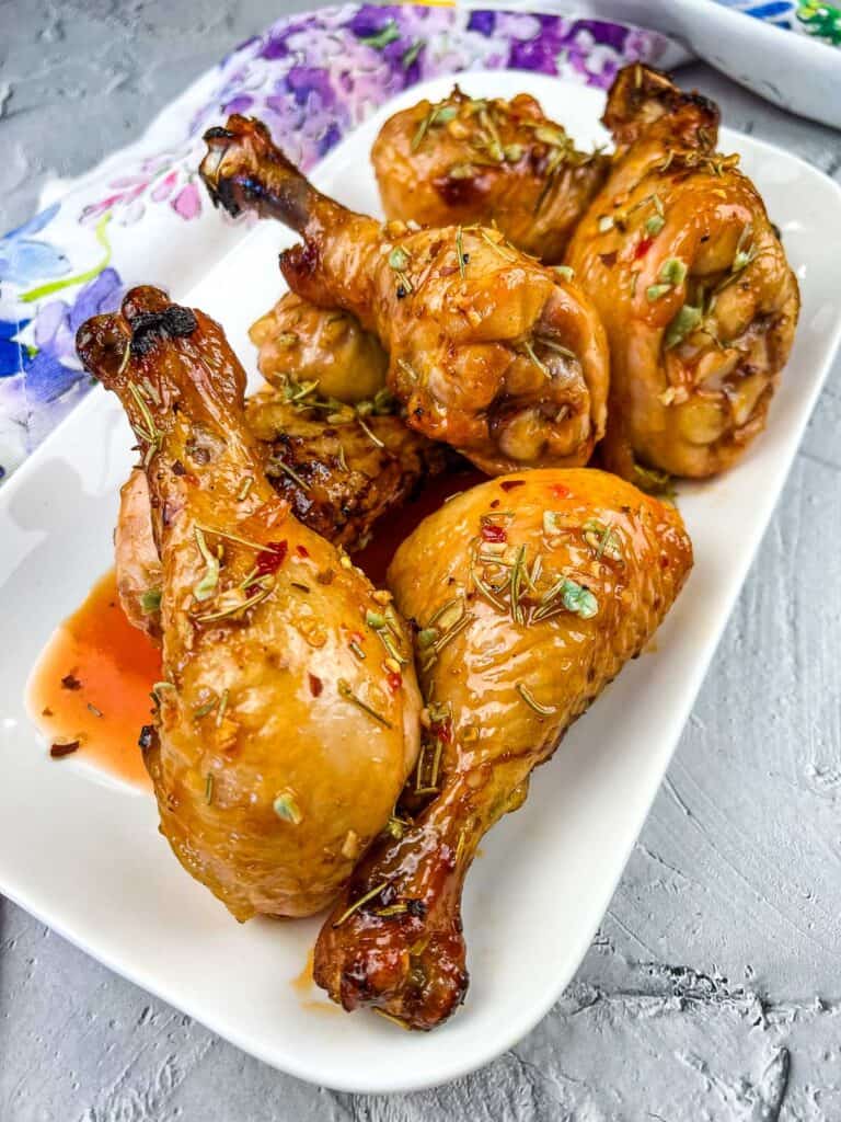 Smoked chicken legs with bourbon red pepper glaze