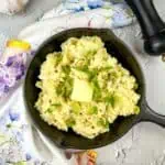 smoked mashed potatoes in a black skillet