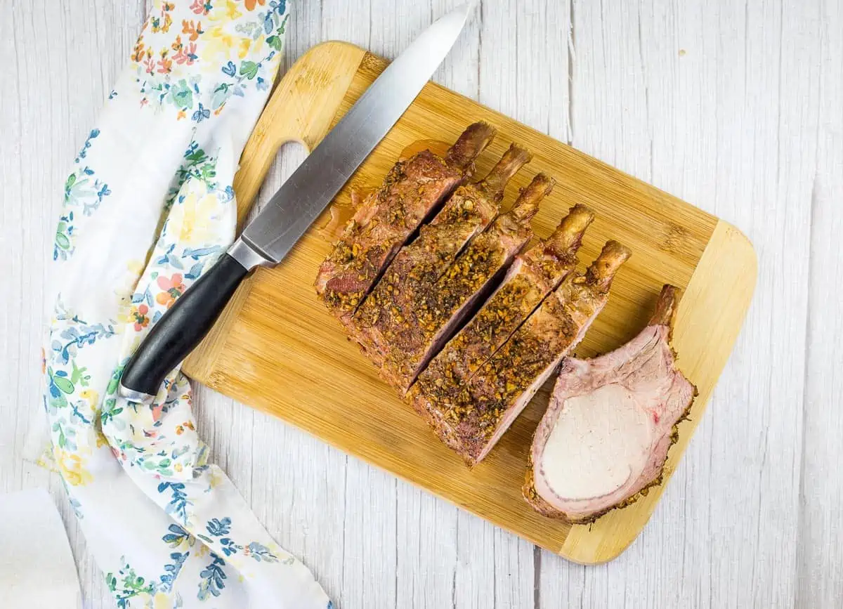 carving smoked rack of pork