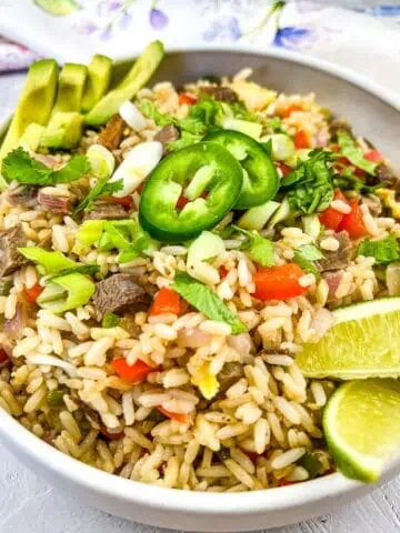 brisket fried rice in a white serving bowl