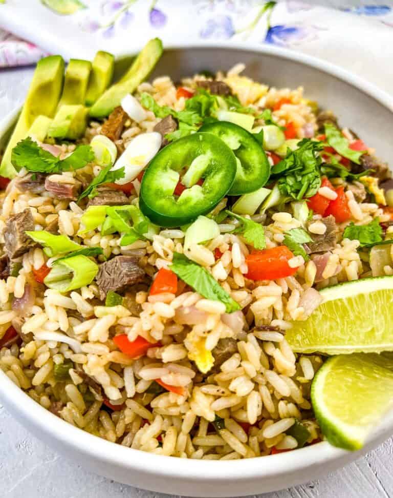 brisket fried rice in a white serving bowl