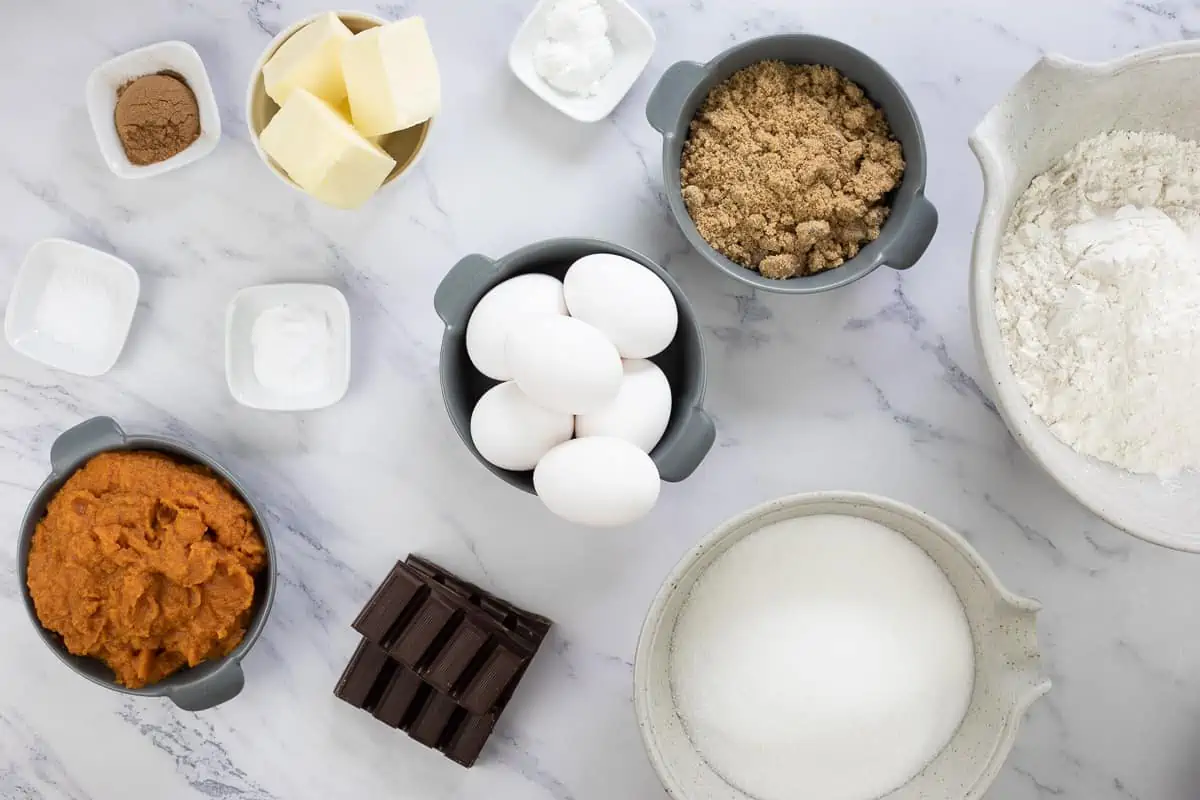 ingredients to make pumpkin chocolate cake