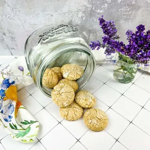 white chocolate crinkle cookies in a cookie jar