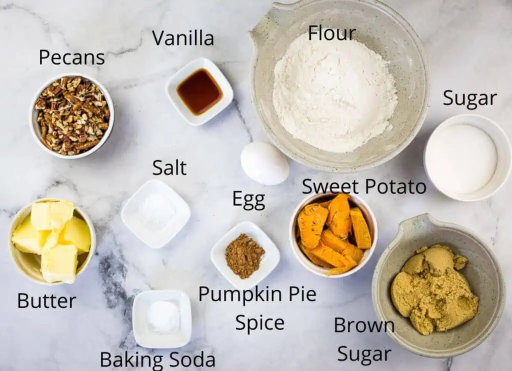 Labeled ingredients to make sweet potato cookies.