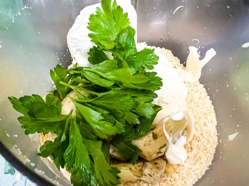 All the ingredients in a food processor.