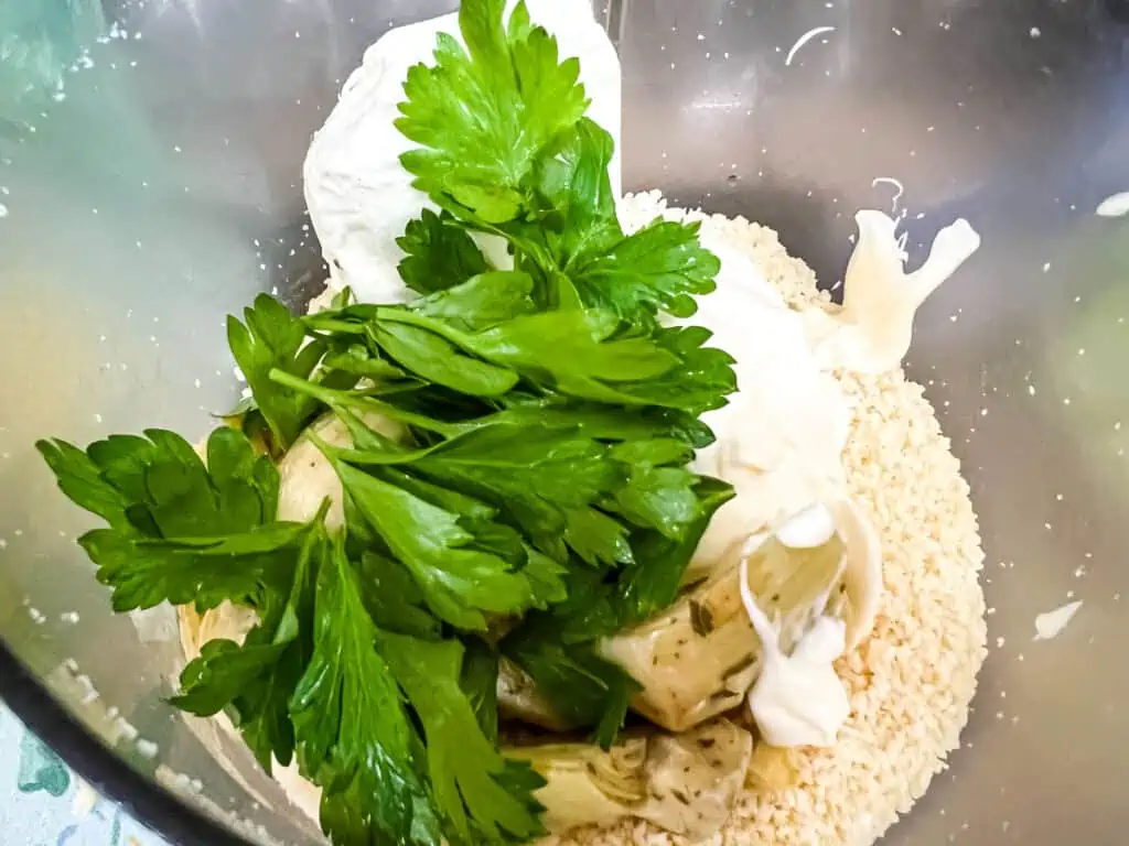 All the ingredients in a food processor.