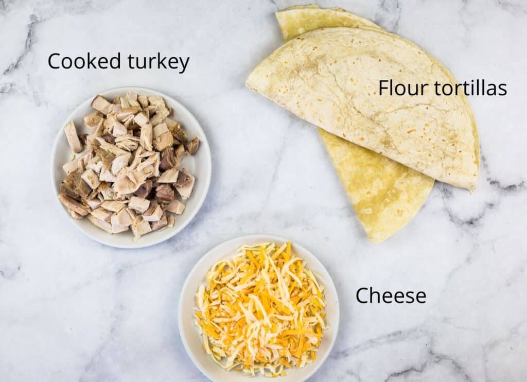 Ingredients to make smoked turkey quesadillas.
