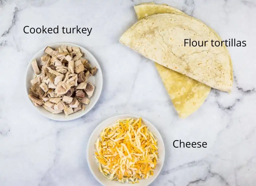 Ingredients to make smoked turkey quesadillas.